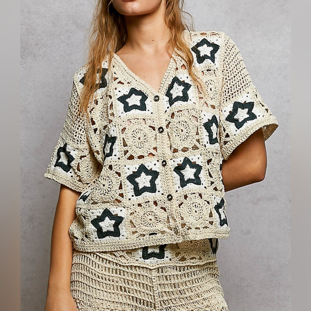 PB24  New POL Crochet Star Pattern Cardigan